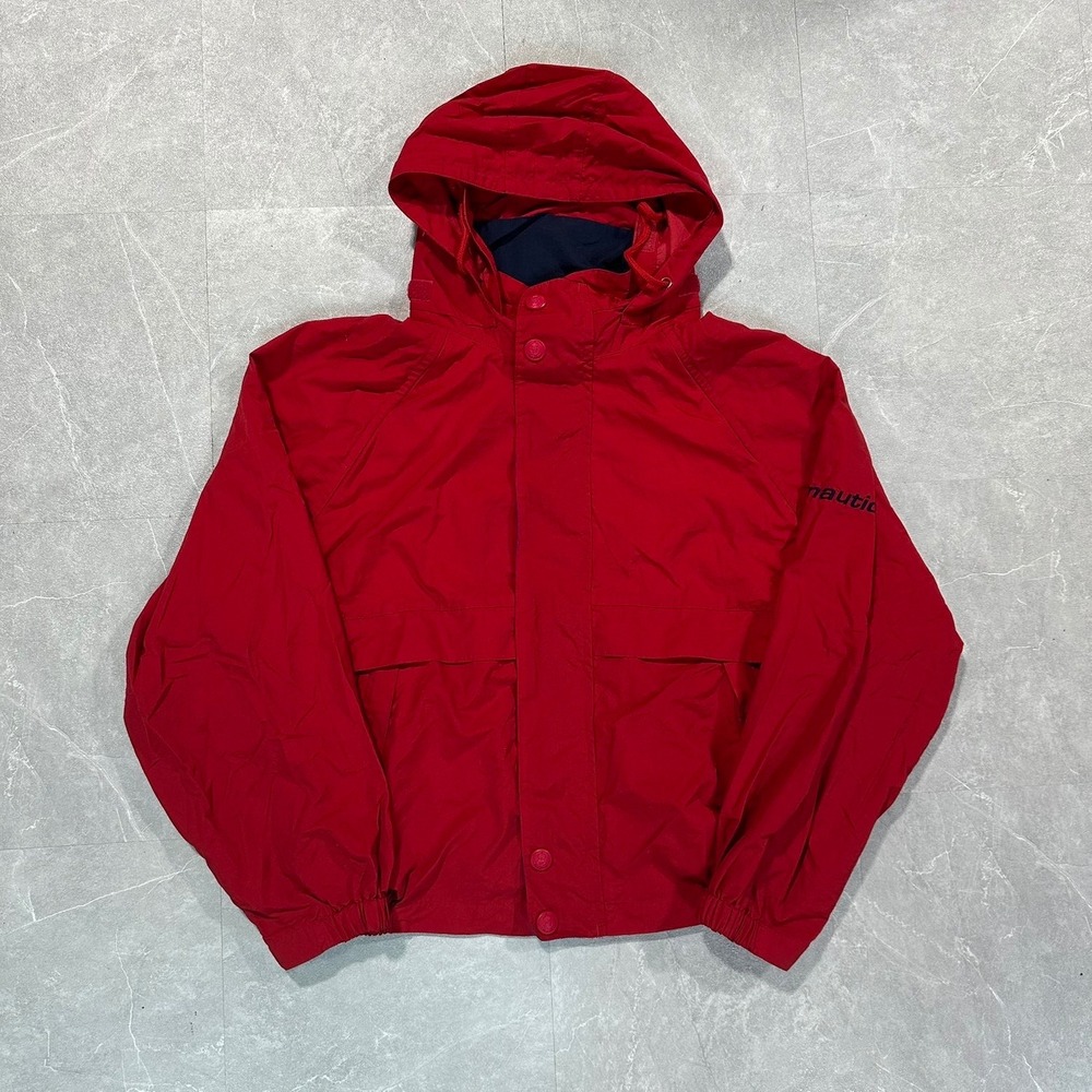 Nautica Mens Red Vintage Hooded Windbreaker Jacket Size Medium Nylon Full Zip